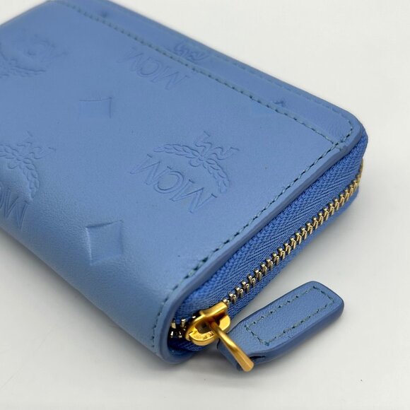 MCM Aren Della Robbia Blue Embossed Monogram Leather Card Case - Picture 7 of 12